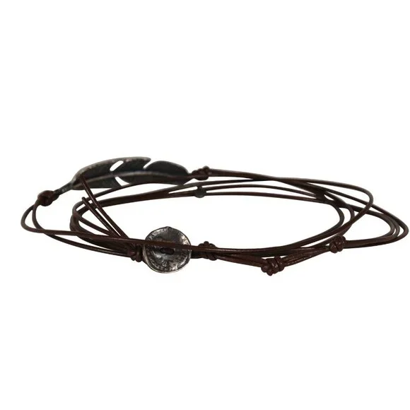 M Cohen Brown Leather Rope Feather Bracelet 925 Silver Convertible Necklace